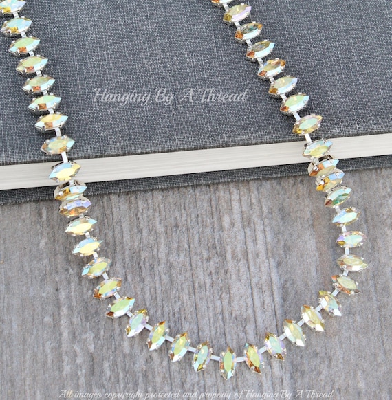 LAST ONES Vintage Jonquil AB Navette Necklace,Pale Yellow Shimmer Marquise,Silver Tennis Necklace,Choker,Aurora Borealis,Pastel,Gift