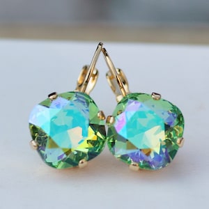 LIMITED Peridot Glacier Blue Cushion Earring,Swarovski Crystal Rhinestone Earring,Rounded Square,Gold Drop Earring,Bridal Bride,Gift image 8