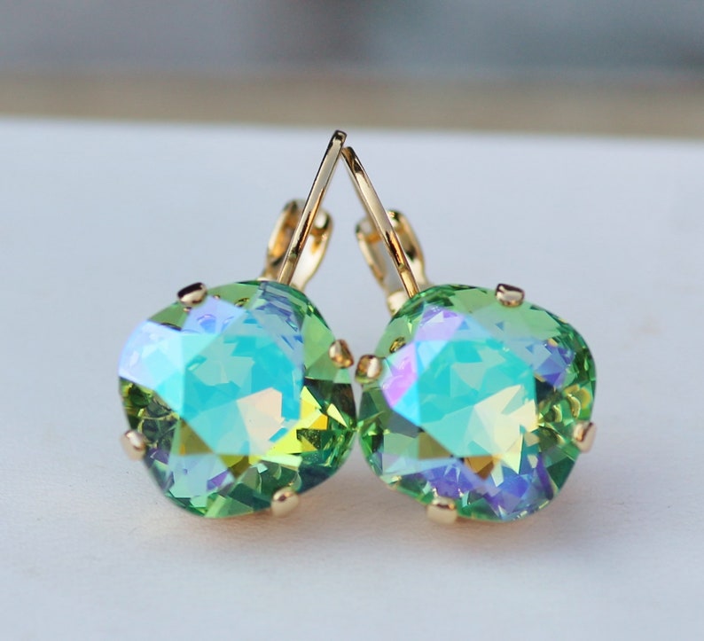 LIMITED Peridot Glacier Blue Cushion Earring,Swarovski Crystal Rhinestone Earring,Rounded Square,Gold Drop Earring,Bridal Bride,Gift image 8