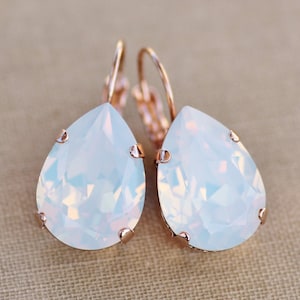 BRIDAL ROSE GoLD White Opal Swarovski Rhinestone Earring,Large Teardrop Pear,Rose Gold Drop,Swarovski Rhinestone Dangle,Bride,Wedding