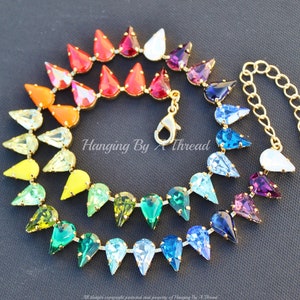 VERY LIMITED Vintage Rainbow Ombre Pear Tennis Necklace,Pear Teardrop Crystal Rhinestone Choker,Multi Colored Glass Rhinestone,Gold Choker