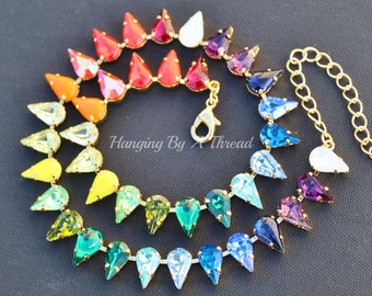 VERY LIMITED Vintage Rainbow Ombre Pear Tennis Necklace,Pear Teardrop Crystal Rhinestone Choker,Multi Colored Glass Rhinestone,Gold Choker