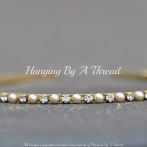 LIMITED STOCK Vintage Crystal & Pearl Headband,Golden Bridal Wedding Headband,Clear White Diamond Crystal,Faux Pearl,Weddings,Thin,Dainty