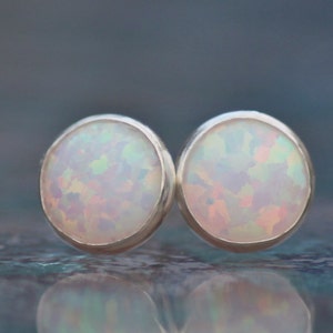 NEW White OPal Gemstone Stud Earrings,Lab Created Opal Gemstone Post,Sterling Silver,Small,Dainty,8mm Round,October Birthstone,Opal Jewelry