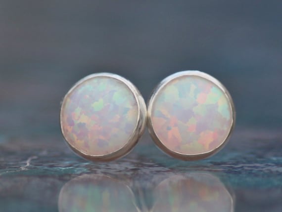 NEW White Opal Gemstone Stud Earrings,lab Created Opal Gemstone