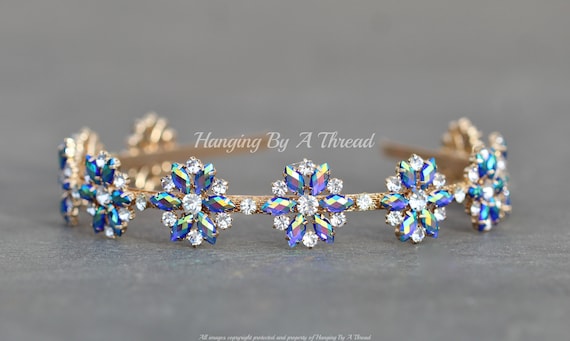 NEW Blue AB Crystal Embellished Headband,marquise Flower  display picture 3