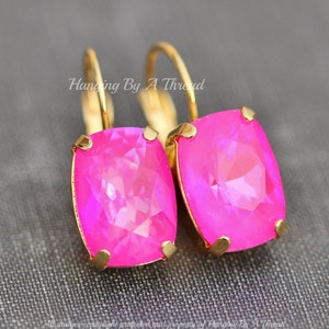 LIMITED Ultra Pink AB Cushion Baguette Crystal Earrings,Neon Pink,Gold Leverback,Rectangle,4568 Crystal,Bright Pink,Drop Earring,Gift