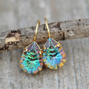 One Pair Handmade 16mm Austrian Crystal Teardrop Sterling Silver Beaded Earrings Aurora Borealis