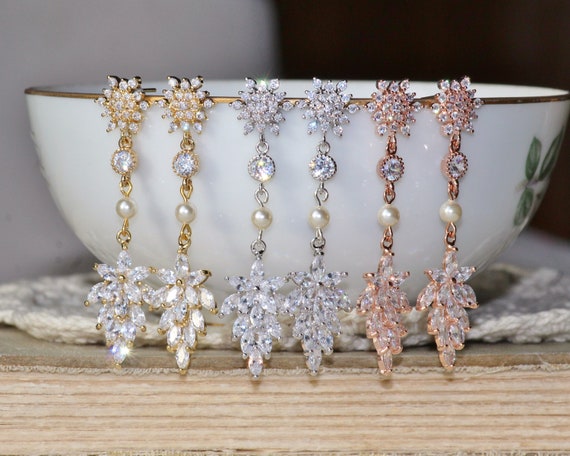 Rose Gold CZ Bridal Chandelier Earrings /& Necklace Set,Choose Pendant Size,Pear Long Drop Earring,Stud Post,Halo Rose Gold,Bridal,Wedding