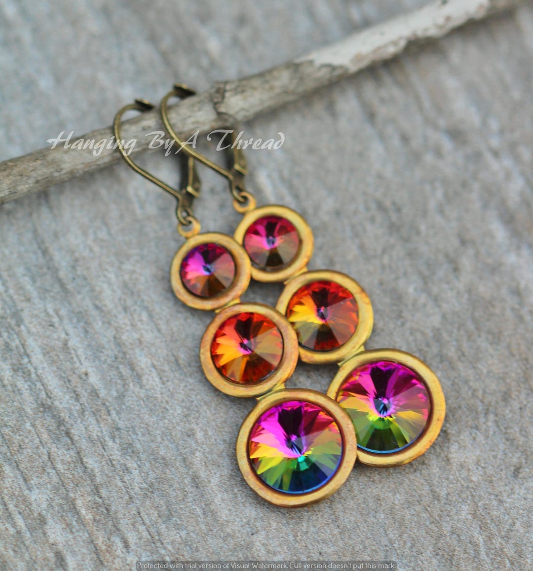 LIMITED Swarovski Crystal Volcano Triple Drop Earrings,antique Brass ...