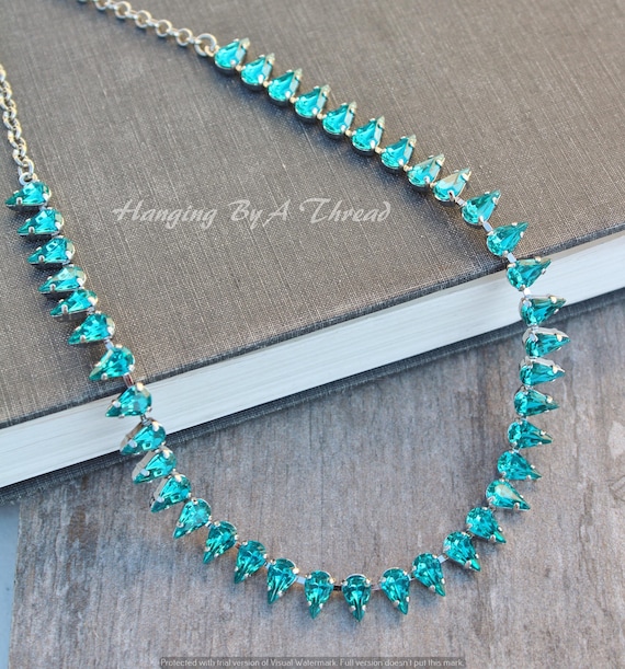 Vintage Teal Blue Green Crystal Necklace,small Pear Teardrop