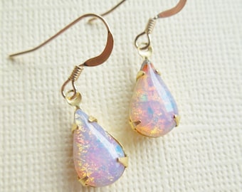 Vintage Fire Opal Earrings - Vintage Glass Harlequin Opal Earings, Teardrop. Gold Filled, Birthstone, Shabby Chic