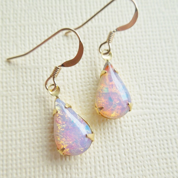 Vintage Fire Opal Earrings - Vintage Glass Harlequin Opal Earings, Teardrop. Gold Filled, Birthstone, Shabby Chic