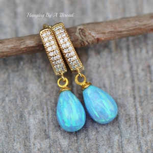 NEW Small Blue Opal Teardrop Earrings,Gold Pave Paved Huggie Hoops,Small Opal Hoop,Sky Pastel Baby Blue Lab Created Opal,Gift,Birthstone