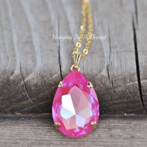 NEW COLOR Lotus Pink Large Pear Pendant,Swarovski Crystal Rhinestone Necklace,Long Layering Layer Necklace,Bright Pink,Gold,Gift,Statement image 8