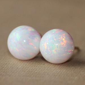 NEW White Opal Ball Post Earrings,Lab Created Opal Stud,Genuine Opal Earrings,8mm Ball Stud,Sterling Silver or Gold Filled,Birthstone,Gift image 4