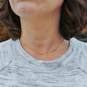 Puede incluir: Un collar de cadena de oro con peque&ntilde;os colgantes redondos. El collar lo lleva una persona con cabello casta&ntilde;o.