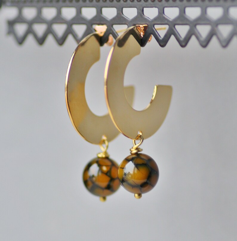 NEW Large Gold Hoop Gemstone Earrings,Flat Large Boho Tribal Hoop Earrings,Olive Green Crackle Agate,Dangle Drop Earring,Flat Circle Hoop