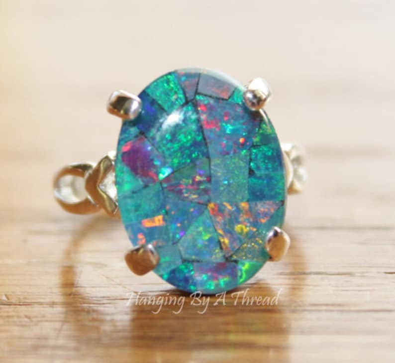 GENUINE Australian Opal Ring,Mosaic Opal Ring,Sterling Silver,Opal Jewelry,Birthstone,Gift for Her,Blue Opal,Gemstone Ring,OOAK image 3