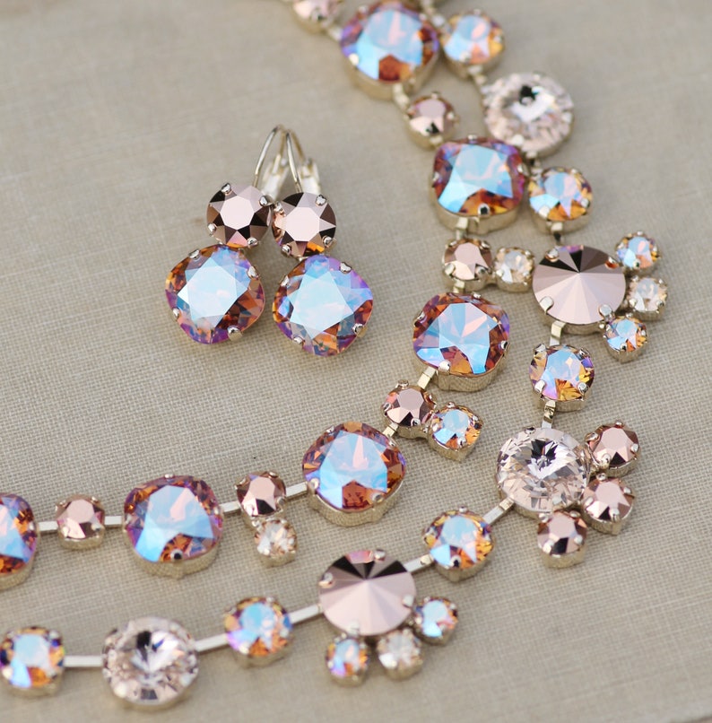 LAST 1s Light Colordao Topaz Shimmer Rose Gold Earring,Mixed Crystal Cluster Drop,Cushion Lever Back Jewel,Rose Gold Earring,Topaz,Champagne image 3