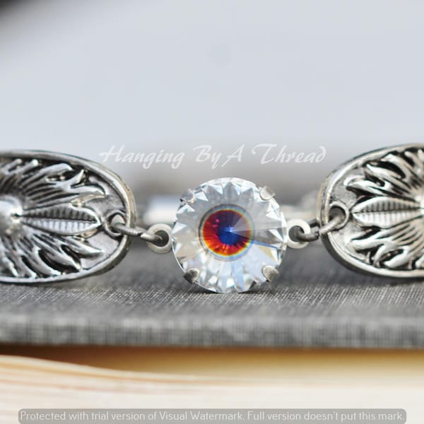 UNIQUE Polaris Flower Cuff Bracelet,Magnetic Cuff Bracelet,Silver Spoon Wrap Bracelet,Rivoli Cut Crystal,Filigree Center,Purple