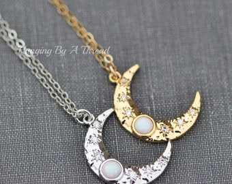 Gold Or Silver White Opal Crescent Moon Necklace,Sterling SIlver,Gold Filled Necklace,Celestial Moon Charm Pendant,Lab Created White Opal