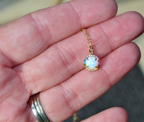 White Opal Rainbow Small Pendant Necklace,multi Colored Opal Halo - Main Image