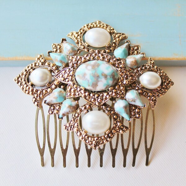 1920s Vintage Aqua & Ivory Pearl Bridal Hair Comb,Antique Gold,Signed Designer Heirloom Brooch,Large,Something Old or Blue,Repurposed