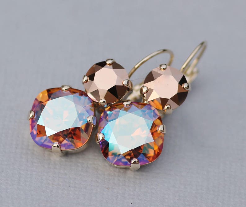 LAST 1s Light Colordao Topaz Shimmer Rose Gold Earring,Mixed Crystal Cluster Drop,Cushion Lever Back Jewel,Rose Gold Earring,Topaz,Champagne image 6