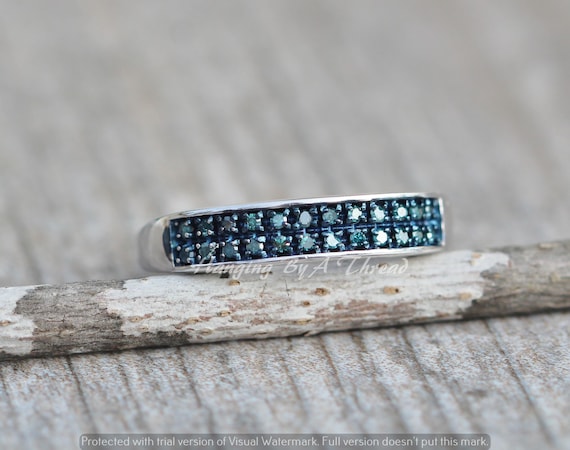 GENUINE Blue Diamond Anniversary Band Ring,Pave 2 Row Diamond Ring,Small Brilliant Cut Gemstone Ring,Stacking,April Birthstone,Gift,Silver