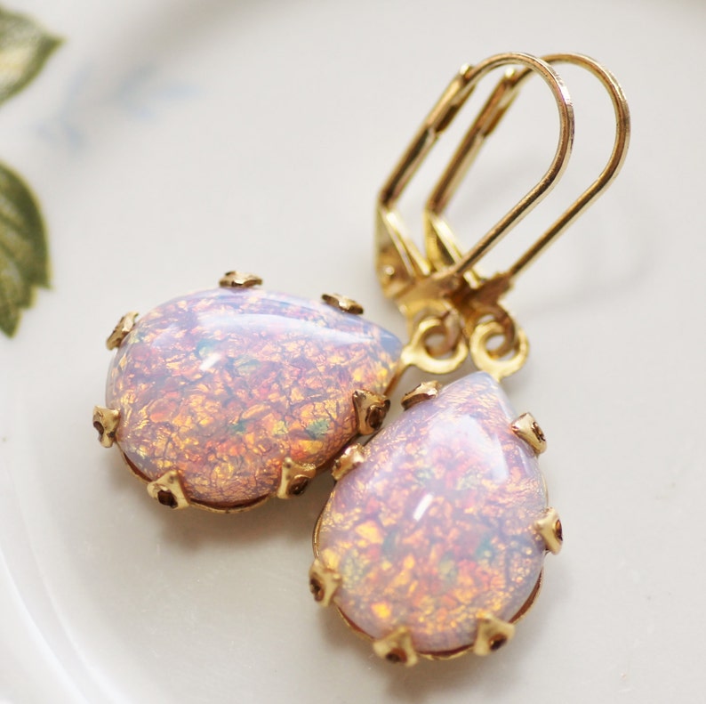 Vintage Pink Fire Opal Earringsteardropvintage Brass Crown - Etsy