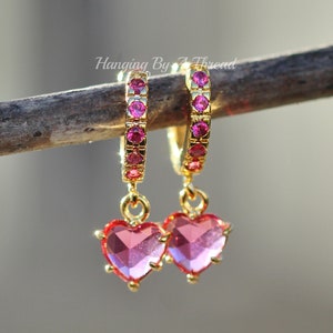 Tiny Fuchsia Pink Heart Hoops,Small Gold Clear Huggie Hoop Earrings,Clicker Hoop,Heart Charm,Crystal,Dainty Petite Small,Cartilage Hoop,Gift