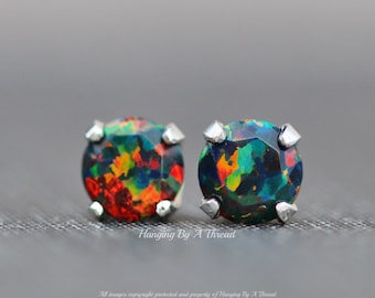 LIMITED RaRE Black Opal Silver Stud,Sterling Silver Opal Post,Lab Created Faceted Opal Gem,October Birthstone,6mm Black Rainbow Multi Opal