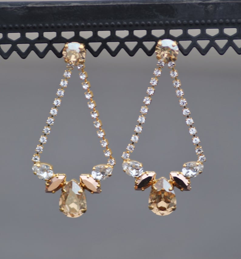 NEW Crystal Champagne Gold Long Chandelier Earrings,Rhinestone Crystal Earring,Bridal Weddings Statement,Golden Shadow,Rose Gold,Dangle