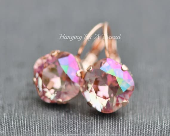 LIMITED Light Rose Glimmer Swarovski Cushion Earring,Lever Back,Pastel Pink Rhinestone Crystal Drop Earring,Gold Lever Back,Antique Square