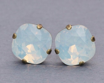 Swarovski White Opal Cushion Studs,Large Cushion Cut Rhinestone Post Earrings,Swarovski Opal Earrings,Bridal,Weddings,Everday,12mm Stud