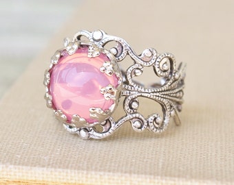 Vintage Pink Opal Ring,Pink Glass Opal,Adjustable Silver Filigree Ring,Antique,Victorian,Shabby Chic,Opal Jewelry,Birthstone,Keepsake