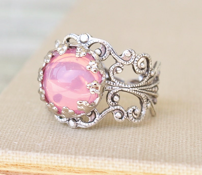 Vintage Pink Opal Ring,Pink Glass Opal,Adjustable Silver Filigree Ring,Antique,Victorian,Shabby Chic,Opal Jewelry,Birthstone,Keepsake image 1