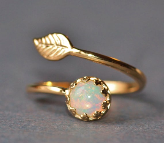 NEW Gold Welo Opal Leaf Ring,Adjustable Opal Ring,Genuine Ethiopian Welo Opal Band,Dainty,Delicate,Gemstone Ring,October Birthstone,Golden