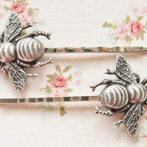 Silver Bee Hair Pins,Oxidized Silver Bee Bobby Pins,Whimsical,Woodland,Antique Silver,Nature,Sweet,Honeybee Hair Pins,Gift For Her image 4