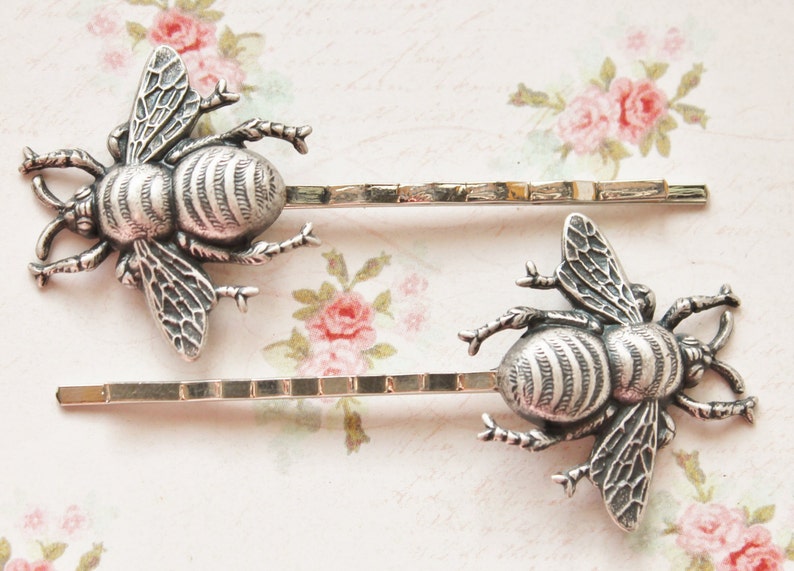 Silver Bee Hair Pins,Oxidized Silver Bee Bobby Pins,Whimsical,Woodland,Antique Silver,Nature,Sweet,Honeybee Hair Pins,Gift For Her image 4