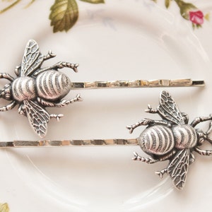 Silver Bee Hair Pins,Oxidized Silver Bee Bobby Pins,Whimsical,Woodland,Antique Silver,Nature,Sweet,Honeybee Hair Pins,Gift For Her image 1