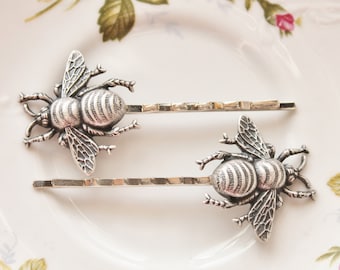Silver Bee Hair Pins,Oxidized Silver Bee Bobby Pins,Whimsical,Woodland,Antique Silver,Nature,Sweet,Honeybee Hair Pins,Gift For Her