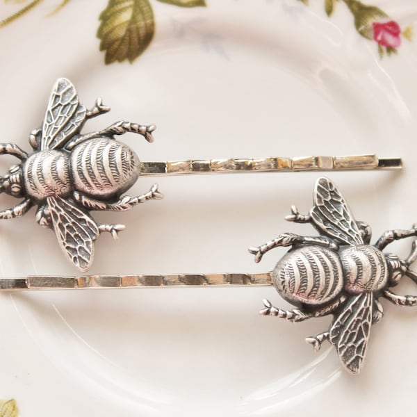 Silver Bee Hair Pins,Oxidized Silver Bee Bobby Pins,Whimsical,Woodland,Antique Silver,Nature,Sweet,Honeybee Hair Pins,Gift For Her