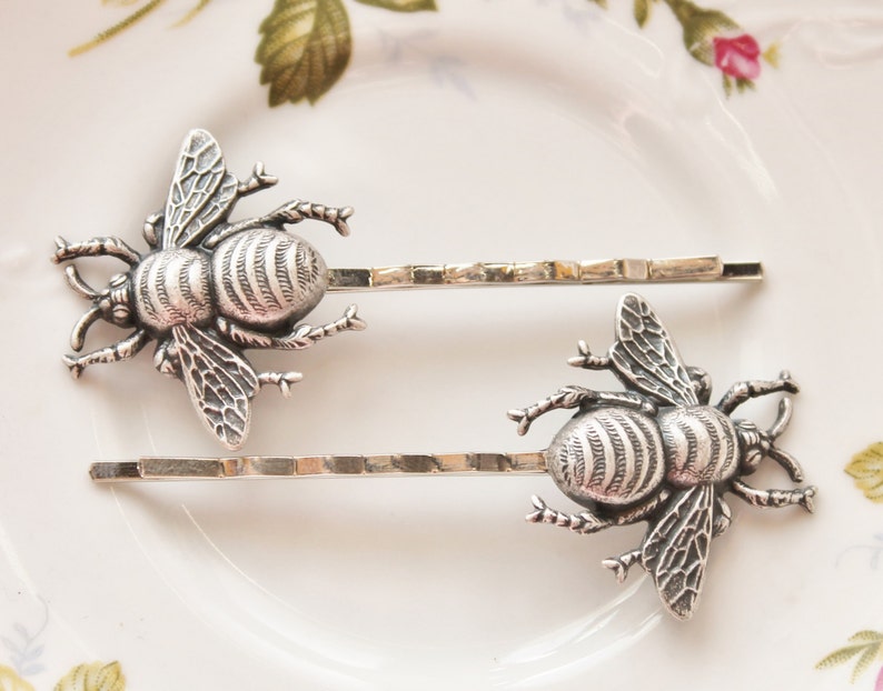 Silver Bee Hair Pins,Oxidized Silver Bee Bobby Pins,Whimsical,Woodland,Antique Silver,Nature,Sweet,Honeybee Hair Pins,Gift For Her image 1