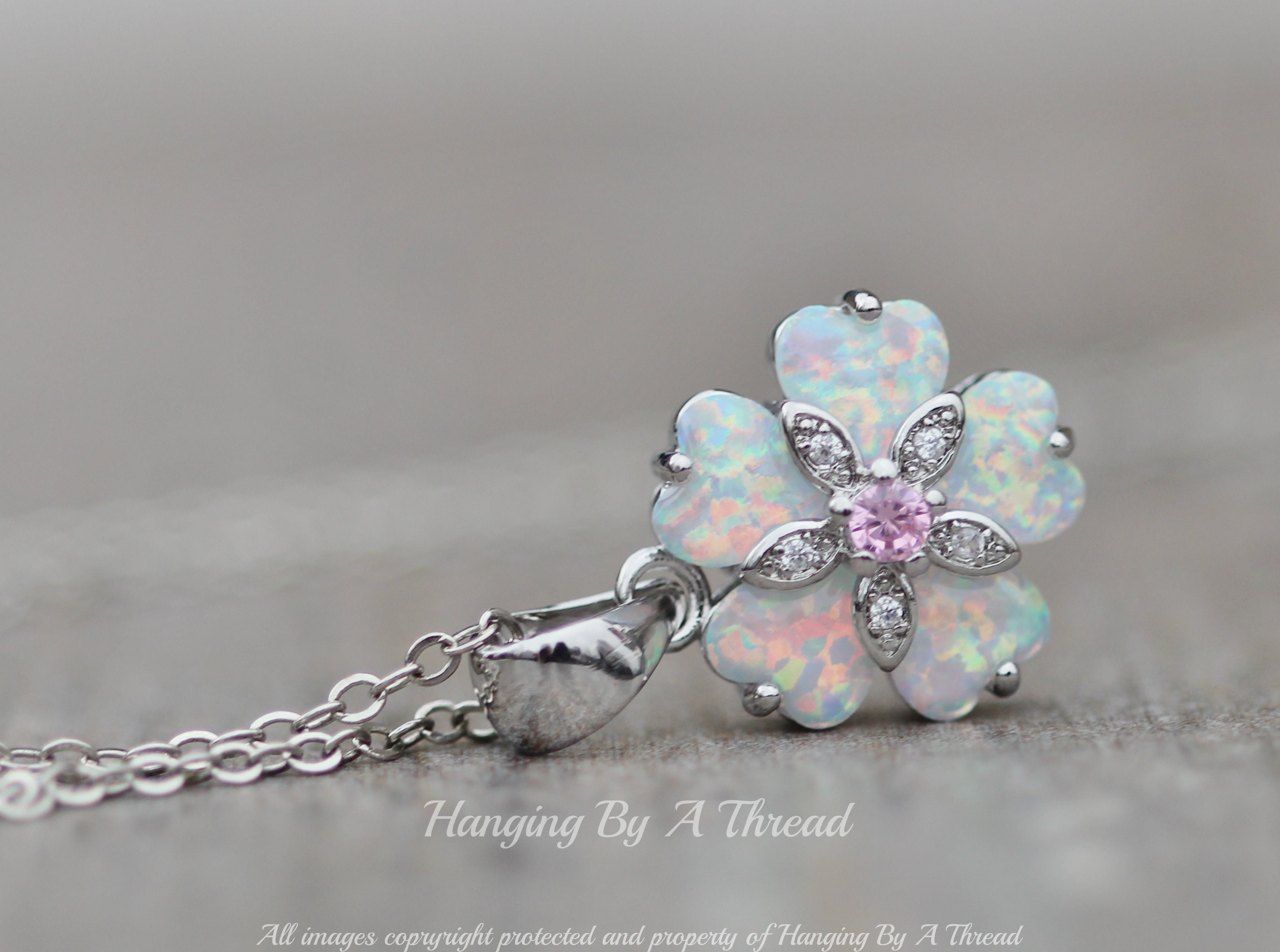 NEW White Opal Flower Pendant Necklace,silver White Rainbow Lab 