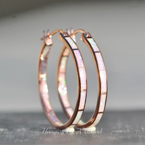 LARGE Pink Opal Rose Gold Hoop Earrings,Lab Created Opal Endless Hoop,Rose Gold Big Hoop Earrings,Lab Created Opal,Pink Rainbow,Rose Hoop image 6