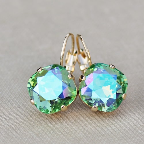 LIMITED Boucle d'oreille coussin bleu glacier péridot, boucle d'oreille en cristal Swarovski strass, carré arrondi, boucle d'oreille en or, mariée, cadeau