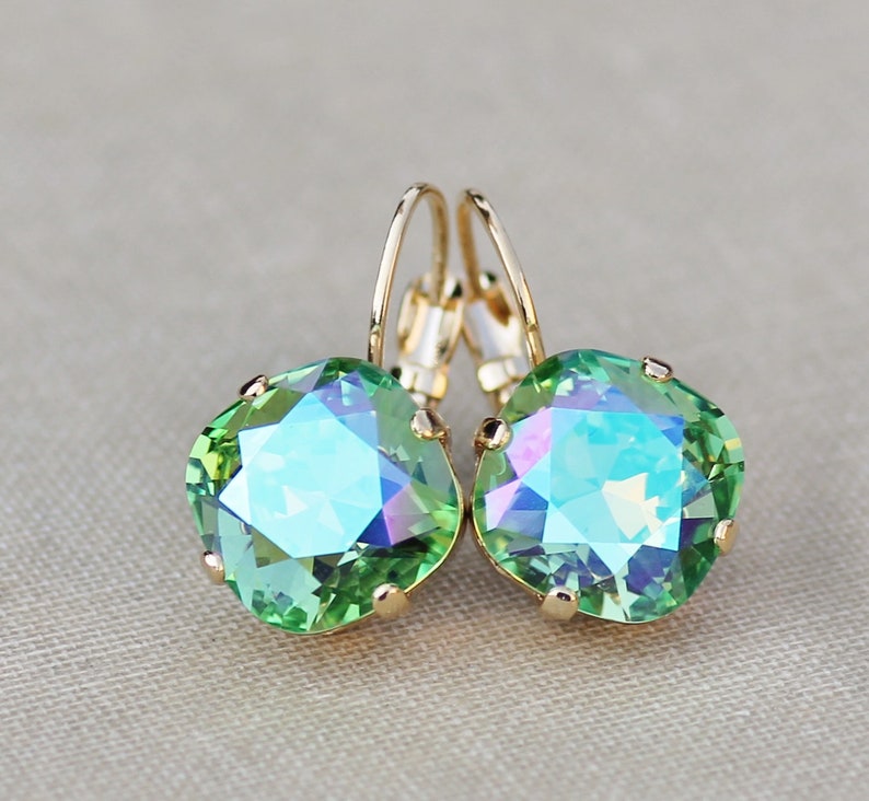 LIMITED Peridot Glacier Blue Cushion Earring,Swarovski Crystal Rhinestone Earring,Rounded Square,Gold Drop Earring,Bridal Bride,Gift image 1