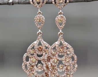 GORGEOUS Golden Champagne Long Crystal Chandelier Earring,Rose Gold Crystal Topaz Long Rhinestone Drop,Stud Post,Bridal Wedding Earring,Gift